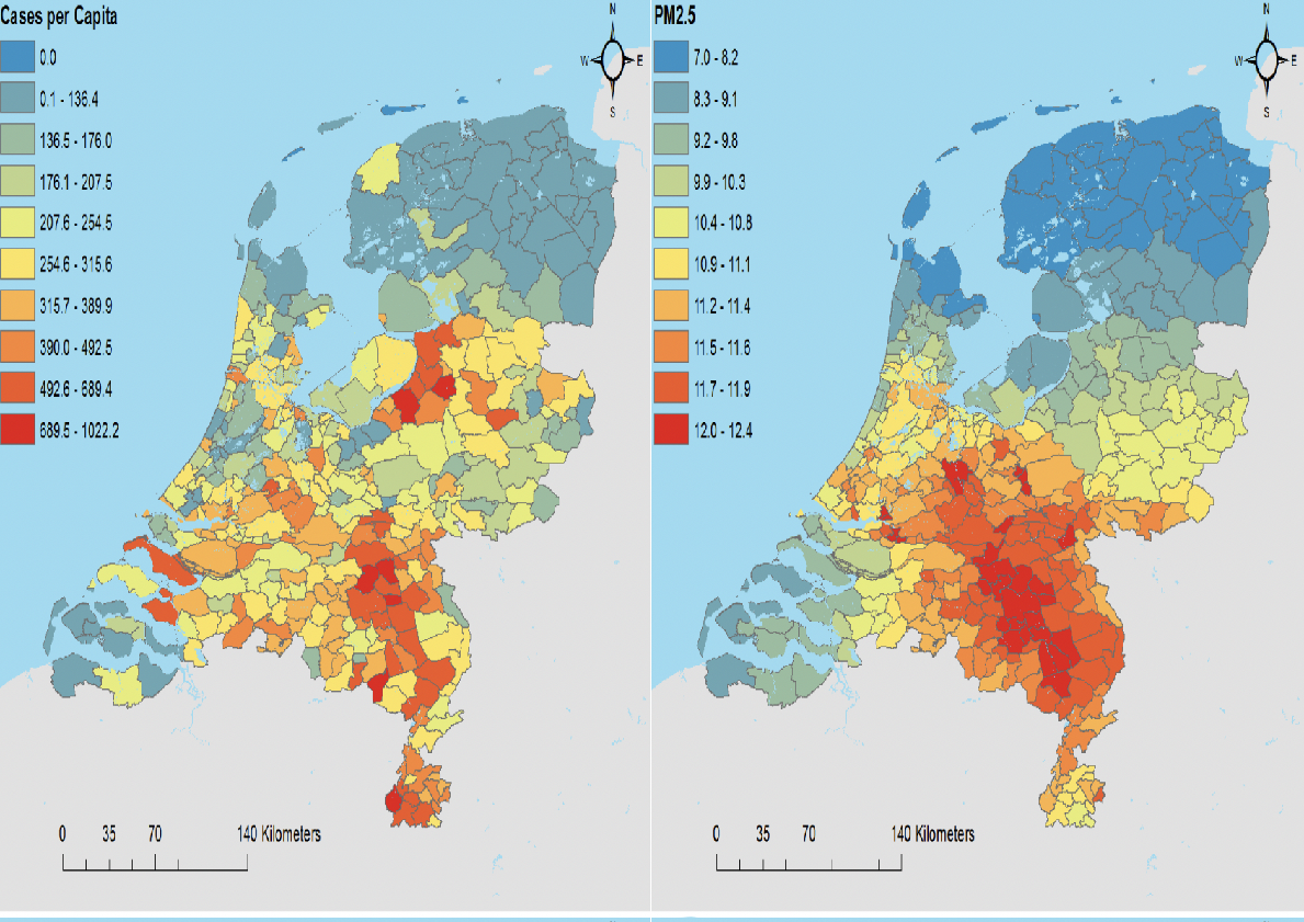 comparison between cases per capit and PM2.5 polution levels in the Netherlands